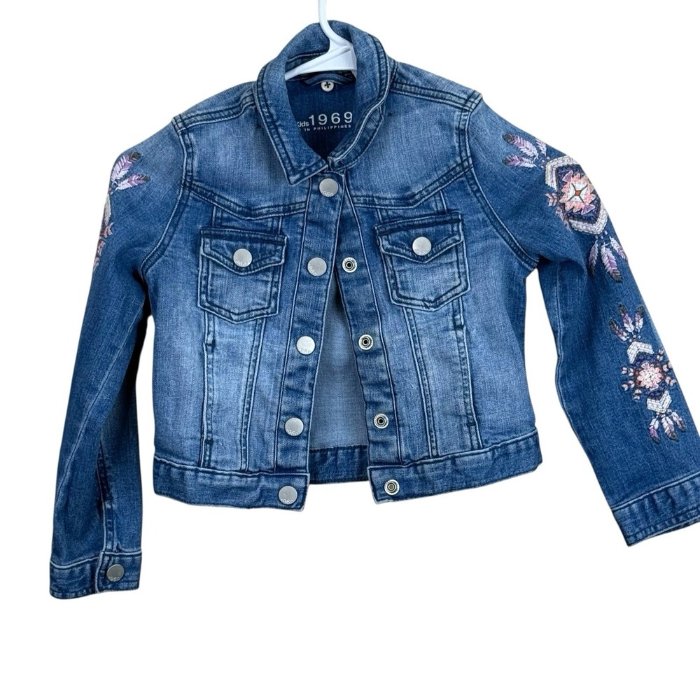 GAP Kids 1969 Denim Blue Jean Jacket Embroidered ‎ Aztec sz S 5-6 Casual